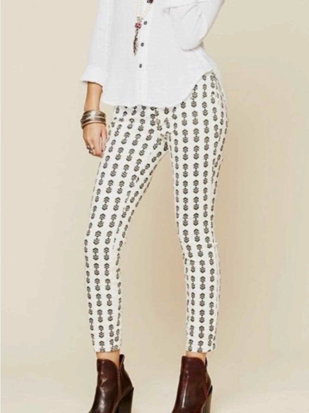 Free People White Jeans with Black Geometric Print